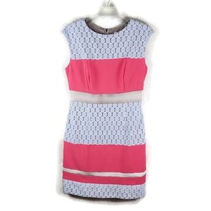 Sandra Darren Dress Womens 6‎ Coral/Cream/Tan Crochet Sheath Dress Cap Sleeve